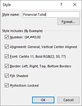 Excel Style dialog showing a custom Report Header cell style and the Style Includes formatting options