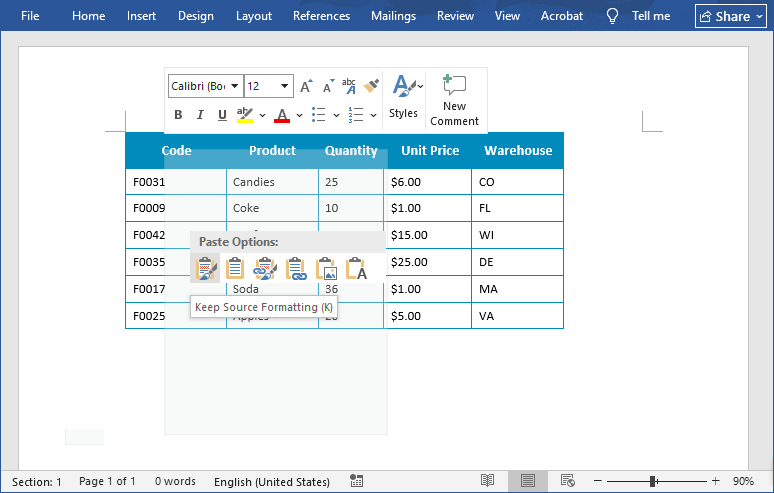 Copy Excel data and paste into Word
