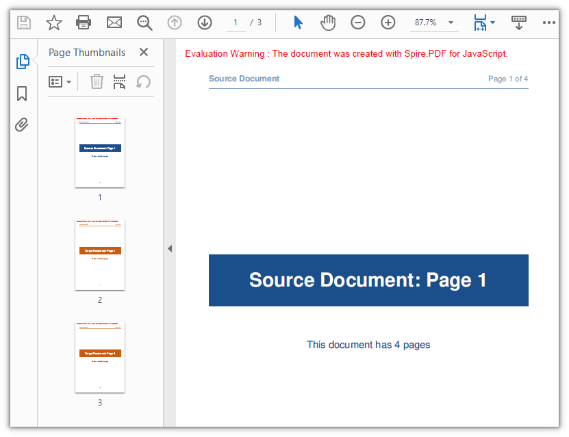 Page 1 of the source document now sits in front of the target document, which goes from 2 pages to 3