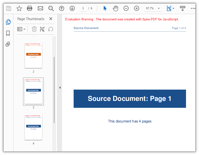 After all 4 pages of the source document are appended, the document has 6 pages