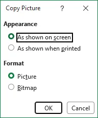 Excel Copy Picture dialog with screen and Picture settings