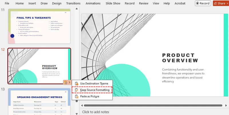 Choose Keep Source Formatting when copying slides between PowerPoint presentations