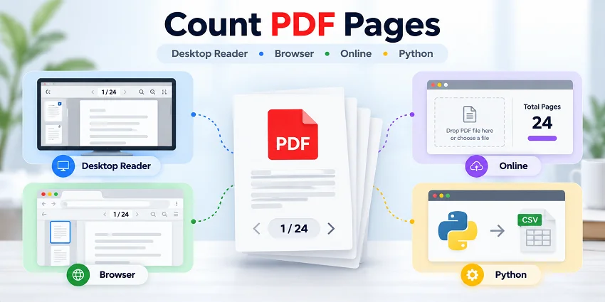 Four ways to count PDF pages using a desktop PDF reader, web browser, online counter, or Python