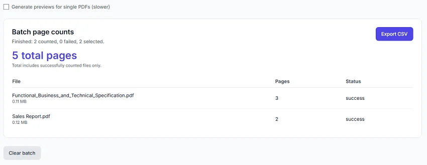 NextUtils PDF Page Counter showing page counts for several PDF files and their combined total
