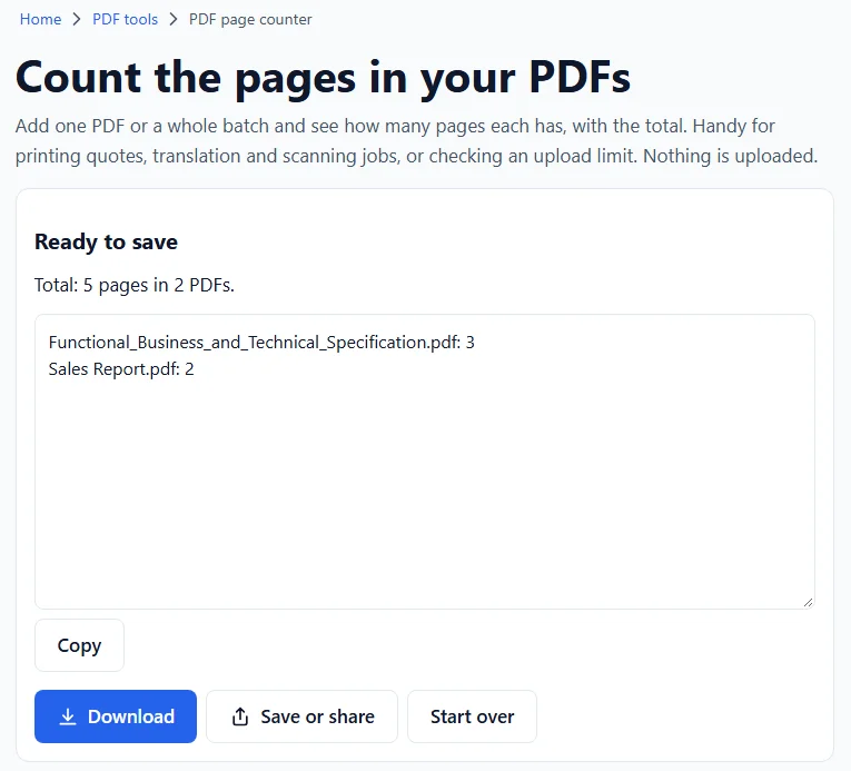 OS Authority PDF Page Counter showing individual PDF page counts and the overall total