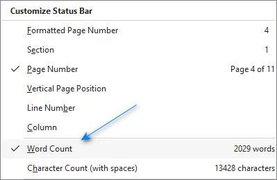 Enabling word count from the status bar menu