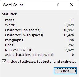 Word Count dialog showing advanced document statistics