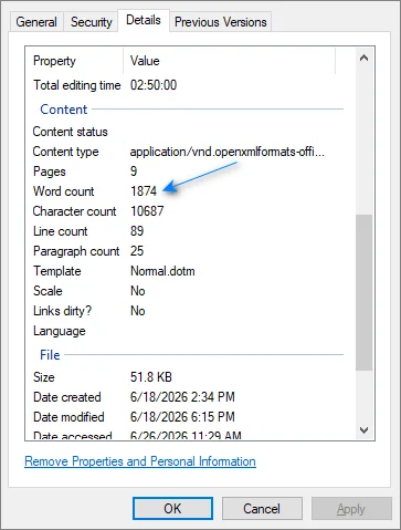 Word count in file metadata