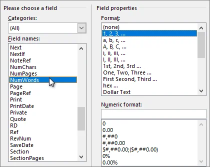 Select the NumWords field to insert word count
