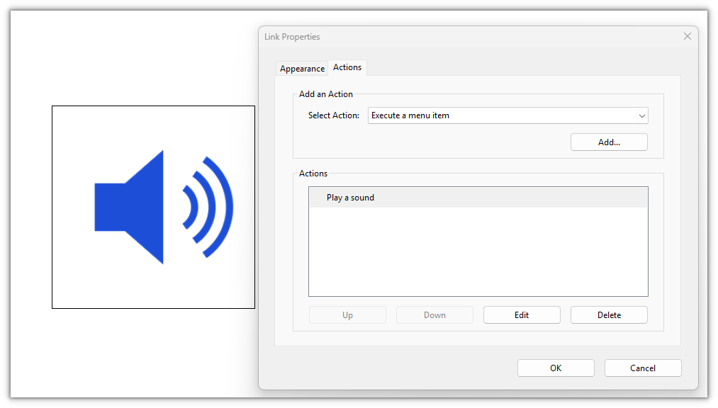 A speaker icon appears on the first page; clicking it plays the embedded audio