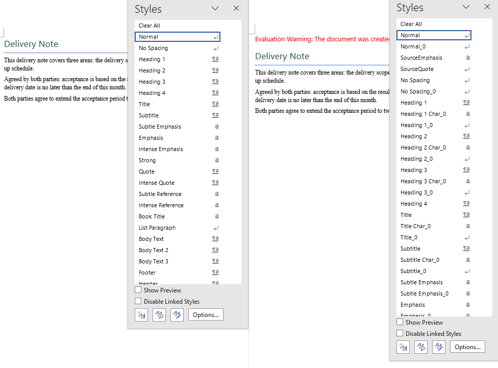 The result before and after the styles have been copied