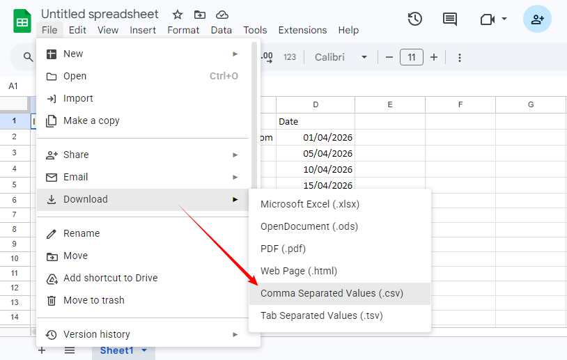 Menu do Google Sheets para baixar como Valores separados por vírgula (.csv)