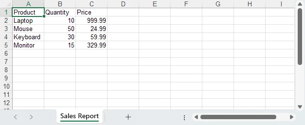 SalesReport.xlsx generated by the basic createExcelFile() function