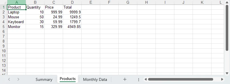 Multi-sheet workbook with Summary and Products tabs