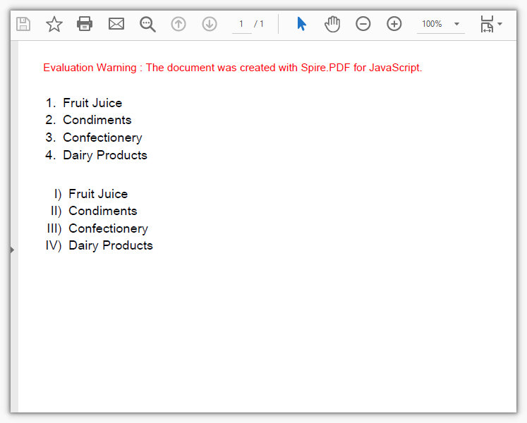 Ordered lists created with Arabic numerals and uppercase Roman numerals