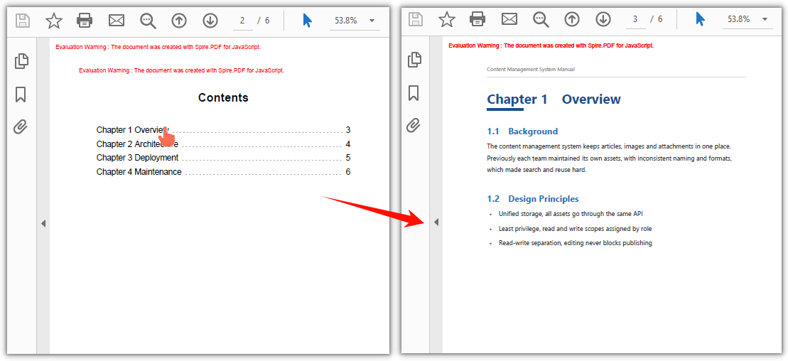 Clicking a chapter title in the contents page jumps to that page