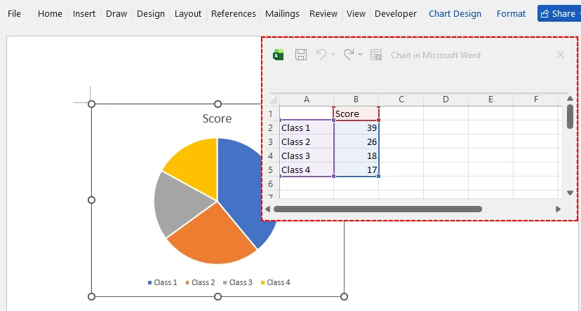 A pie chart embedded in Word with a mini data source Excel spreadsheet.