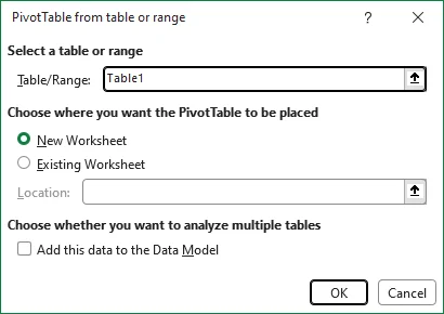 Create PivotTable configuration window