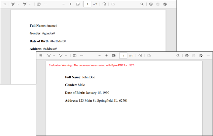 A screenshot of the input template file and output PDF document.