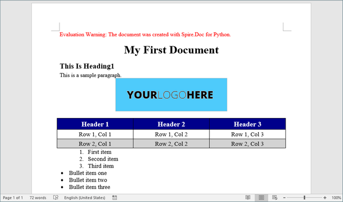 Word document generated with Python code.