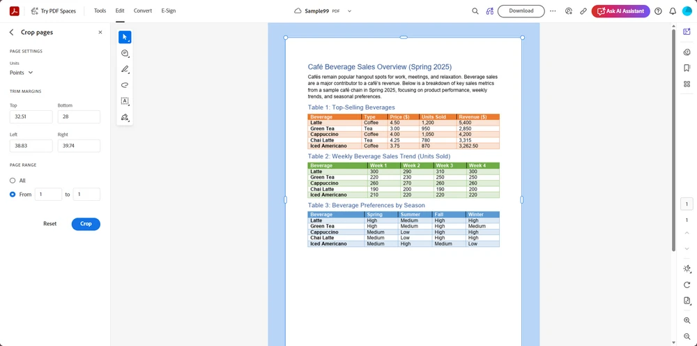 Adobe Acrobat Online crop tool interface with a PDF page loaded for cropping