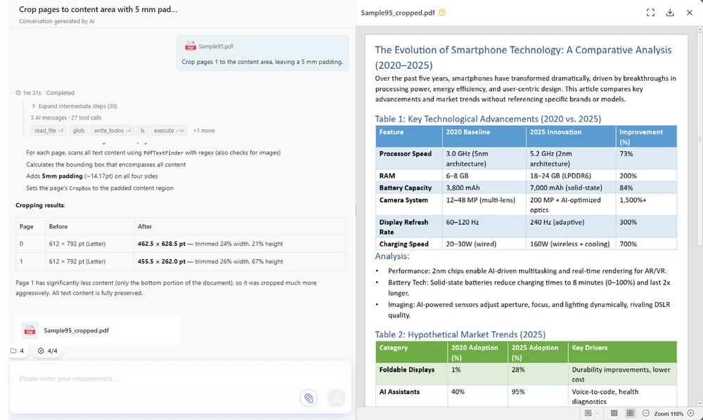 CloudXDocs Agent chat interface showing a natural-language crop command and the resulting PDF preview