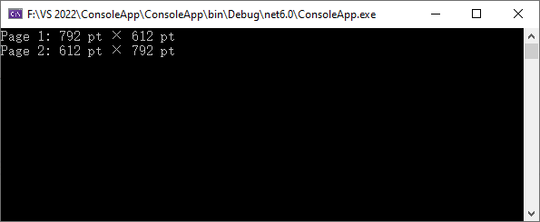 Salida de consola C# de tamaños de página de PDF en puntos