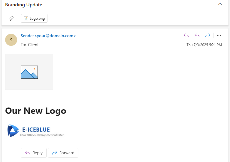 Email sent using Spire.Email showing embedded logo image and styled HTML content