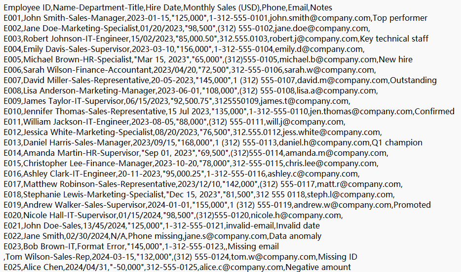 Original CSV data