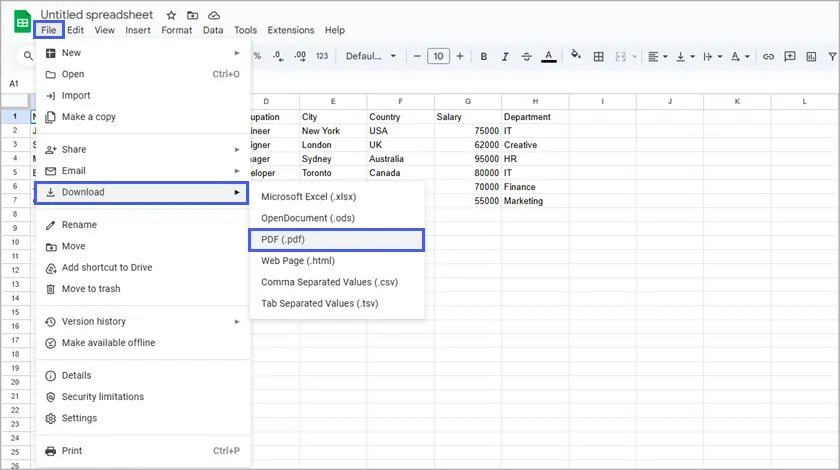 CSV als PDF mit Google Sheets herunterladen