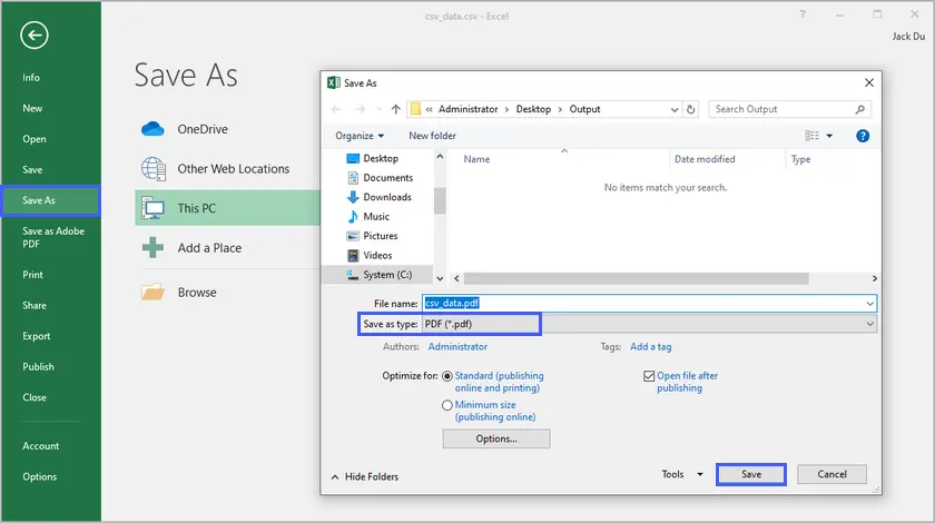 CSV mit Microsoft Excel in PDF konvertieren