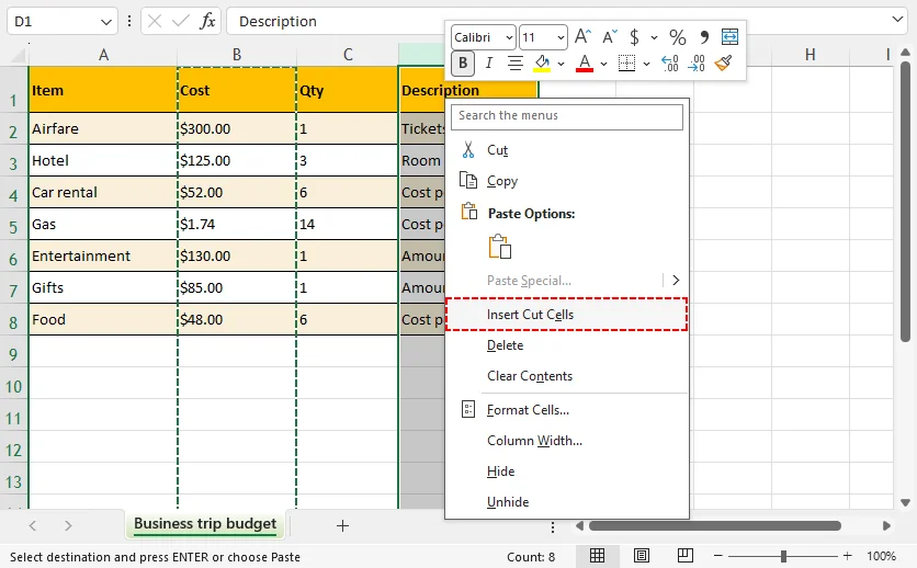 Excel Insert Cut Cells option for moving columns