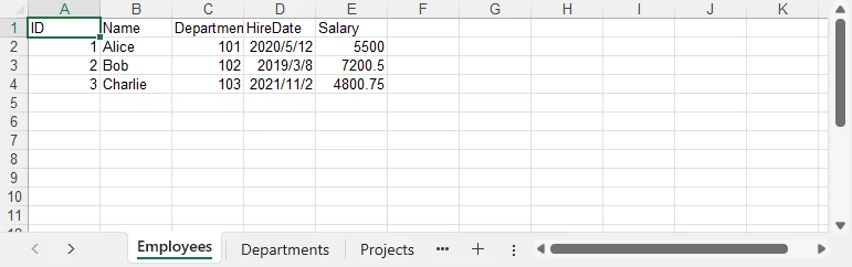Excel workbook with Employees, Departments, and Projects sheets populated from DataSet