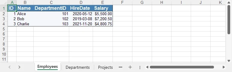 Styled header with blue background and white bold text; date and currency columns properly formatted