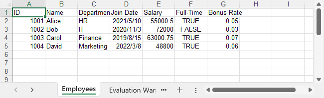 Export DataTable to Excel in C# with Spire.XLS showing employee data