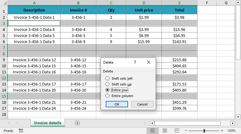 Alle ausgewählten leeren Zeilen löschen.
