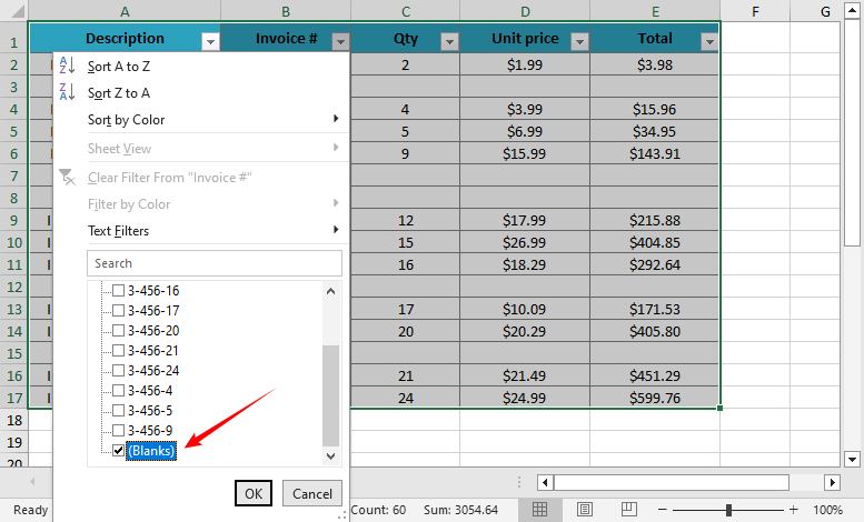 Leere Zeilen mit der Excel-Filterfunktion auswählen und löschen.