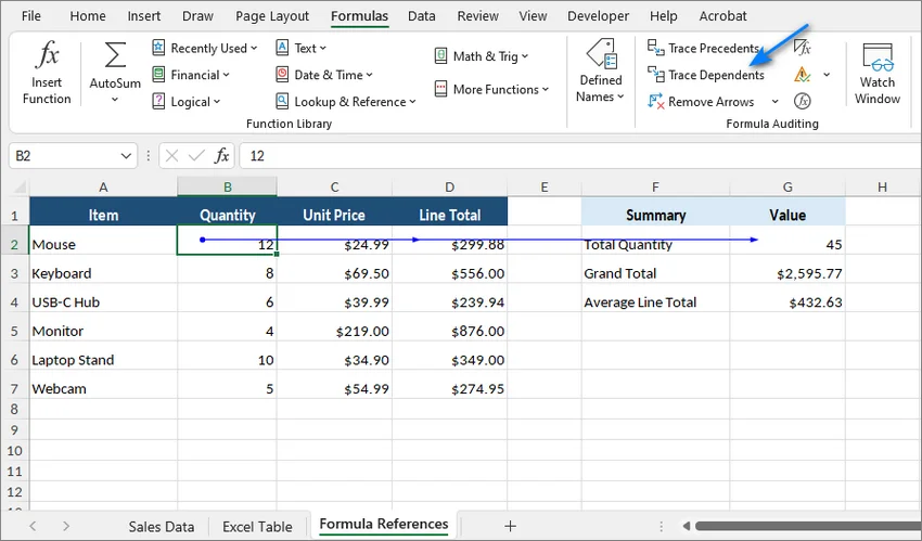 Trace Dependents option in the Formulas tab in Excel