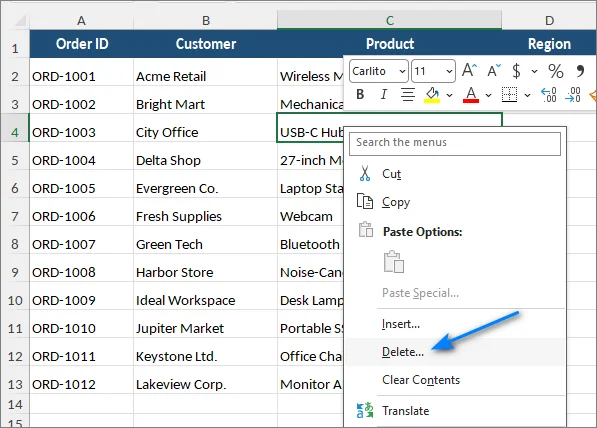Delete option in the right-click context menu in Excel