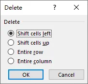 Delete dialog box with options to shift cells or delete entire rows and columns