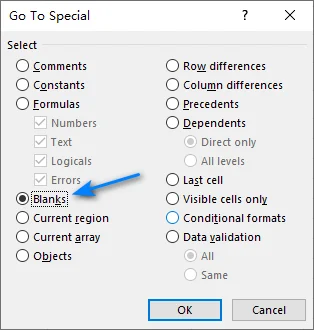 Go To Special dialog box with the Blanks option in Excel