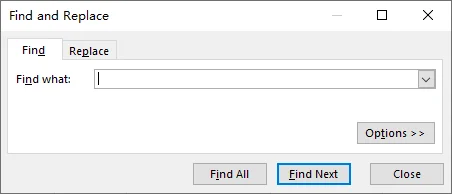 Find and Replace dialog box for locating matching cells in Excel