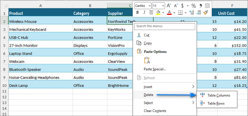 Delete menu with Table Rows and Table Columns options in an Excel Table