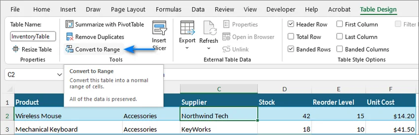 Convert to Range option on the Table Design tab in Excel
