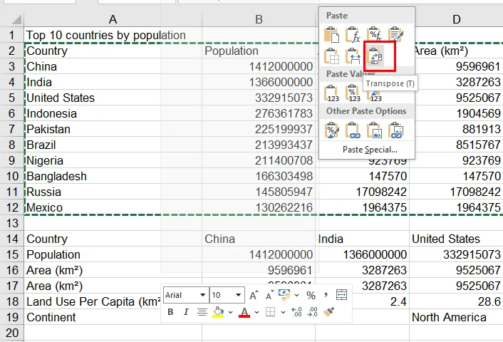 Trasponi i dati originali