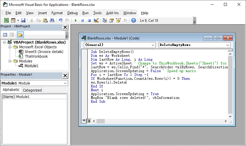 Das VBA-Editorfenster mit dem Makrocode zum Löschen leerer Zeilen in Excel.