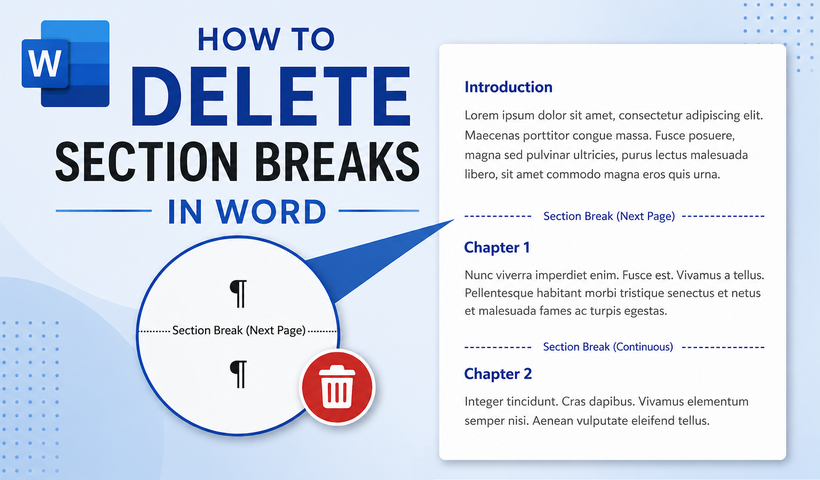 Illustration of deleting a section break in Word