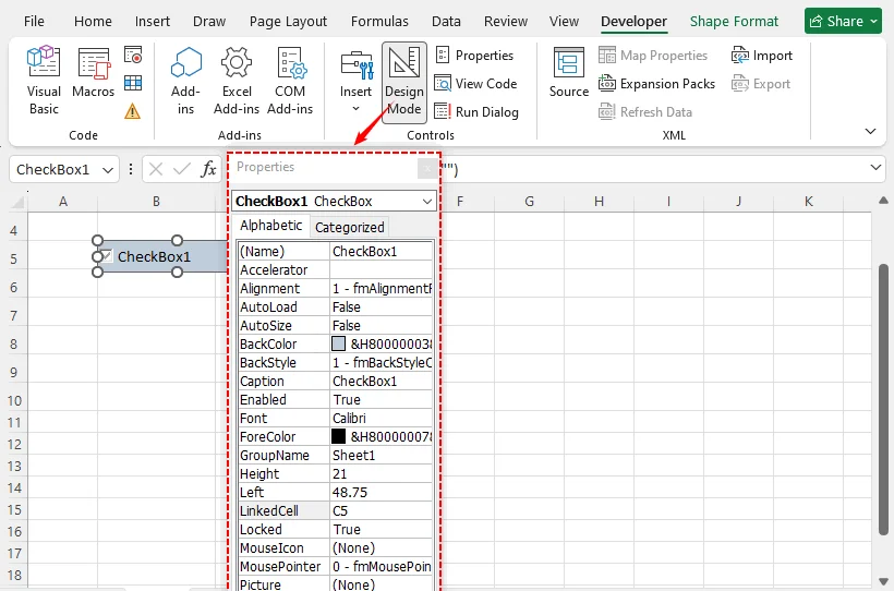 Design Mode enabled with Properties dialog open for customization