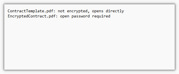 Exported result: ContractTemplate.pdf opens directly, EncryptedContract.pdf requires an open password