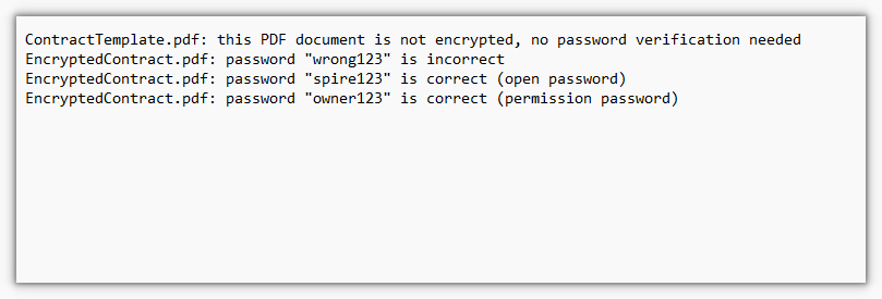 Exported result: the incorrect password is rejected, spire123 is the open password, owner123 is the permission password